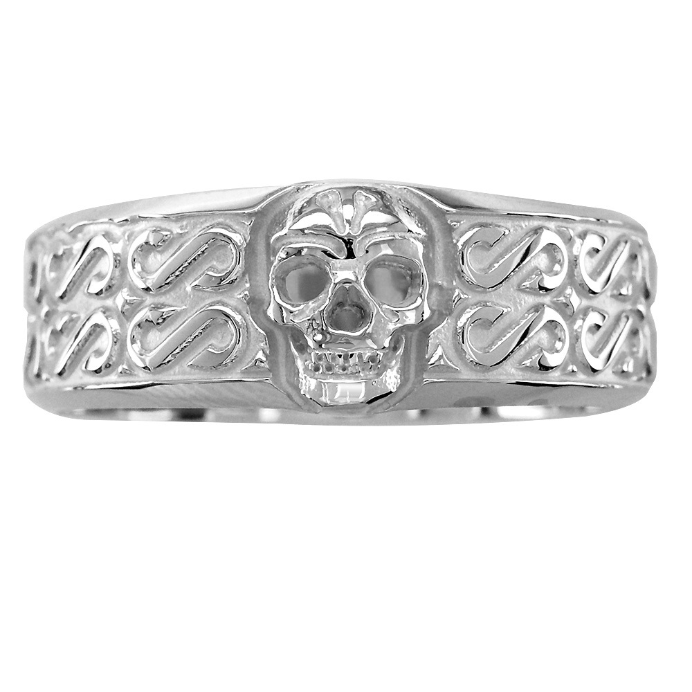 Mens Wide Skull Wedding Ring with S Pattern in 18k White