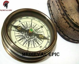 Medieval Epic Replica Antique Marine Brass Pocket Poem Compass with leather Case
