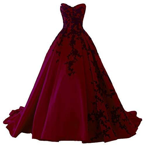 Beaded Gothic Black Lace Long Ball Gown Satin Prom Evening Dress Burgundy US 2