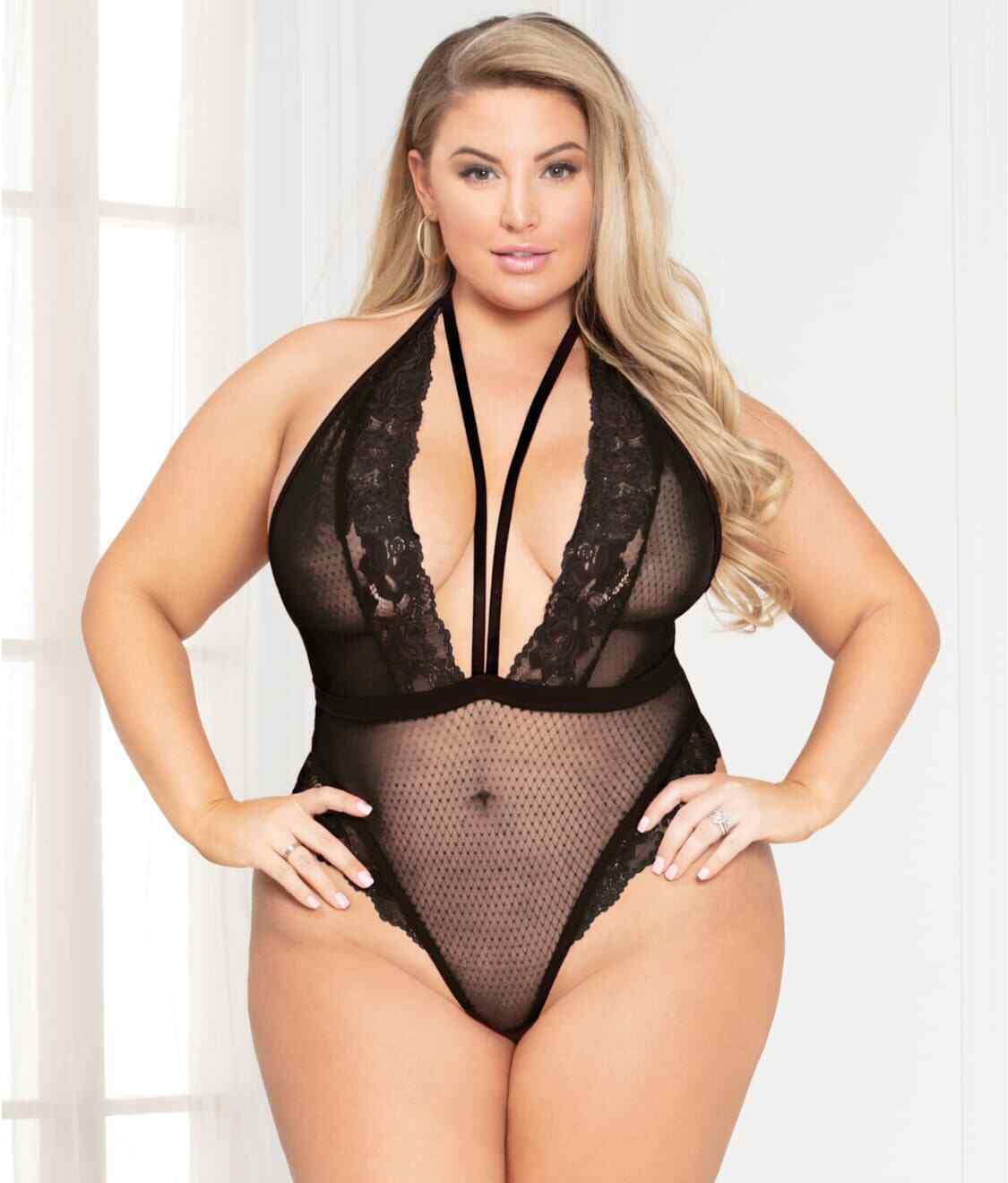 Seven Til Midnight Black Plus Size On The Fence Plunge Lace Teddy Us One Size Teddies 0253