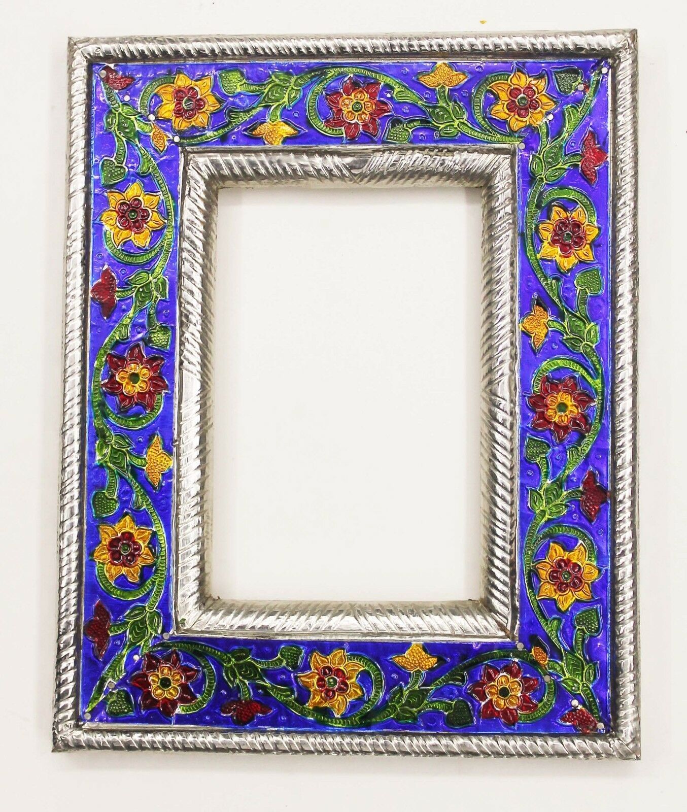 Indian Enamel Picture Frame White Metal Photo16.5x11.5cm Vintage Ornate