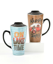 Camping Travel Mugs w Lid Set of 2 Hot Cold Camper and Lake Theme 16 oz Ceramic