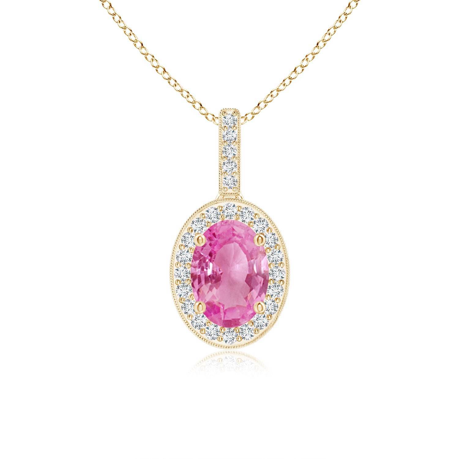 Vintage Inspired Oval Pink Sapphire Pendant Necklace With Diamond Halo