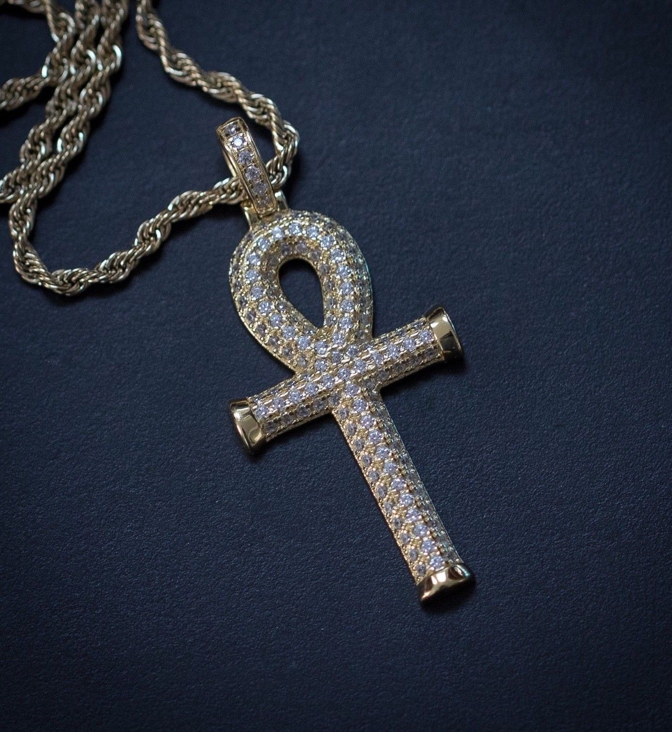 Men's Yellow Gold Diamond Cut Egyptian Cross Ankh Pendant With Rope Chain - Chains, Necklaces ...