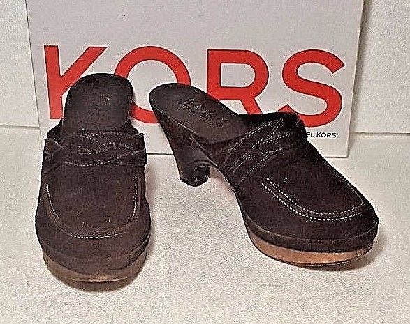 Primary image for MICHAEL KORS WOMEN SIZE 7.5 ROXY WOODEN PLATFORM CLOGS MULES SHOES BROWN SUEDE