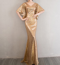 Sexy Golden Bat Sleeve Maxi Long Sequin Dresses Fitted Sequined Cocktail Dress image 1