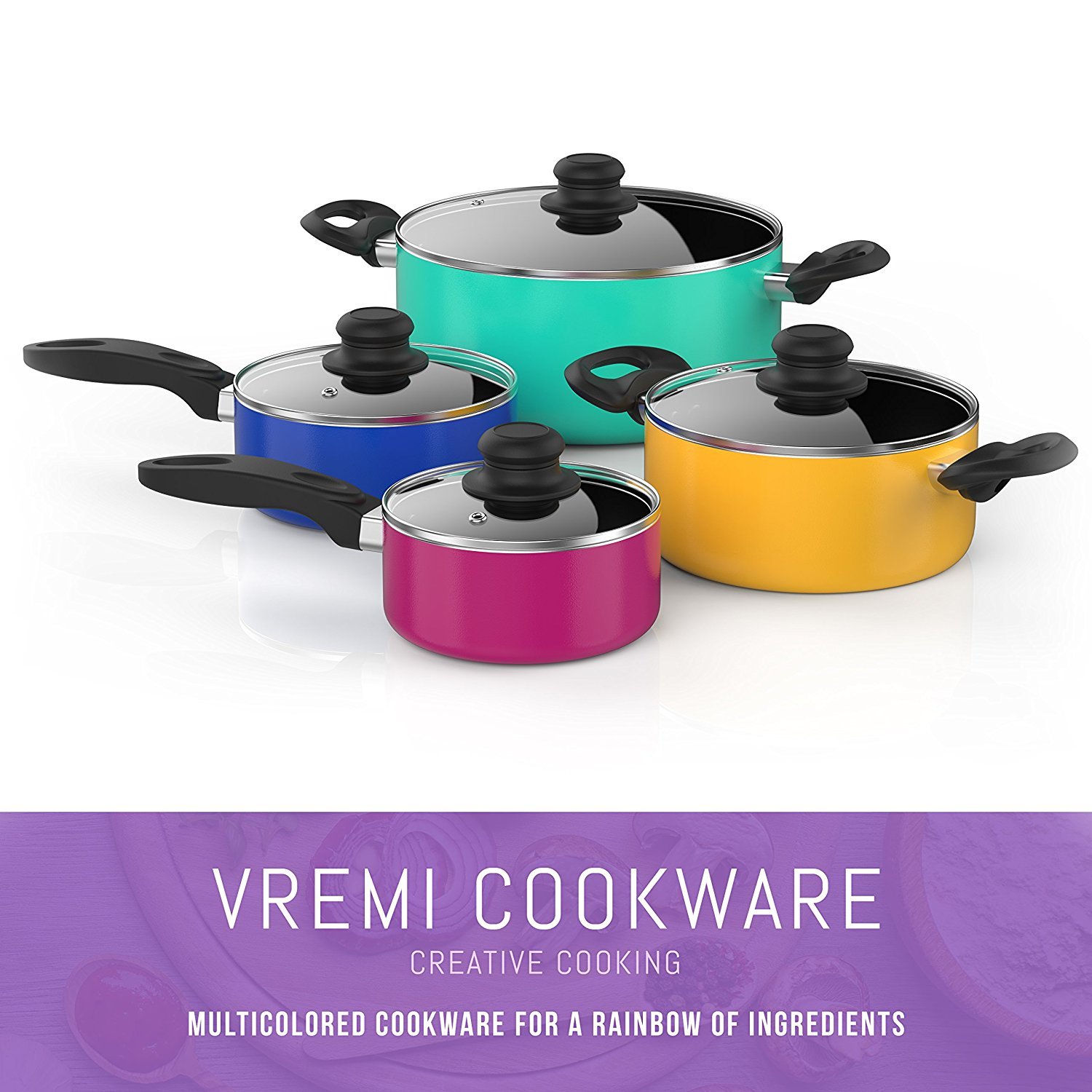 colorful pots and pans set
