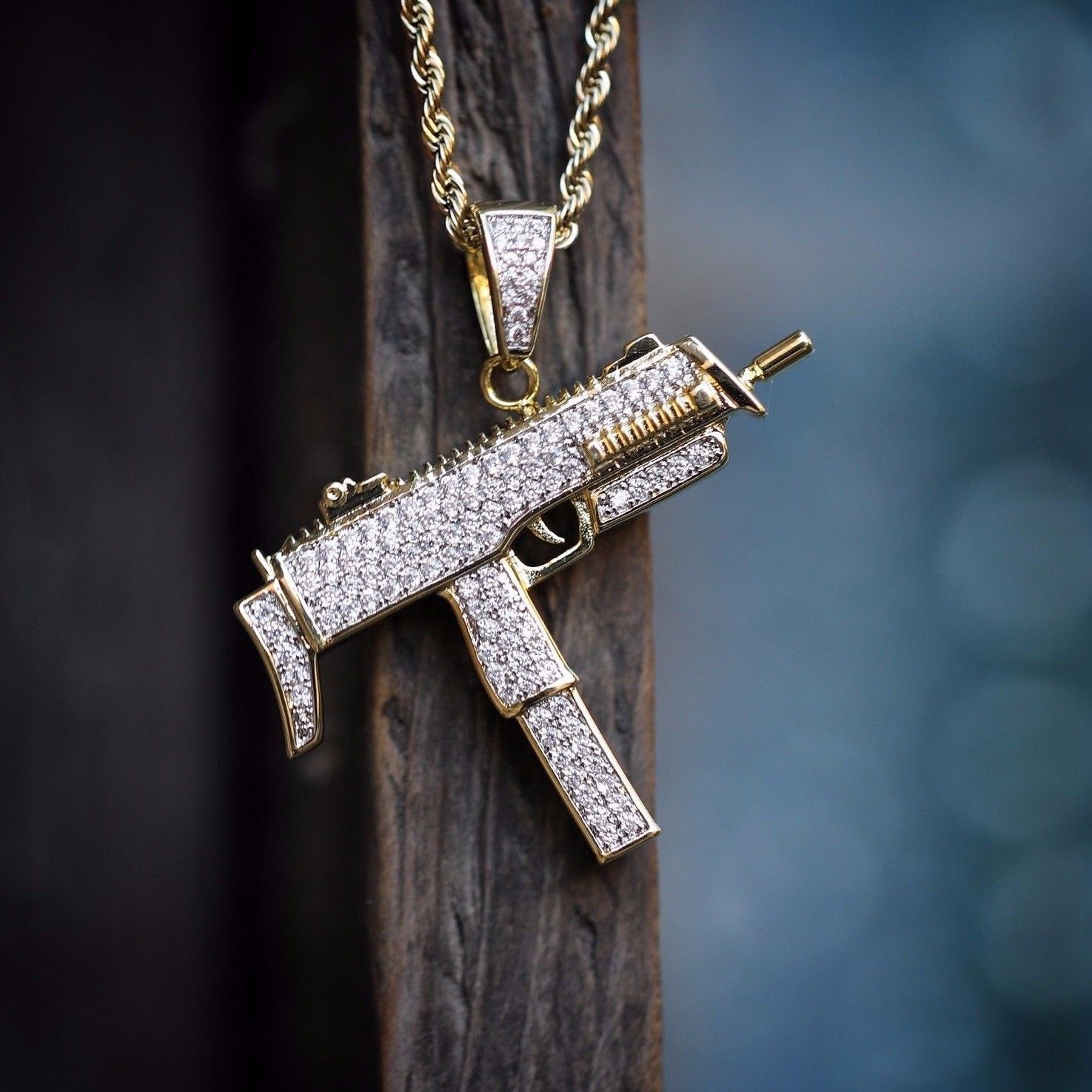 Mens Gold Iced Out Gun Uzi Pendant Hip-Hop Rope Necklace Chain - Chains ...