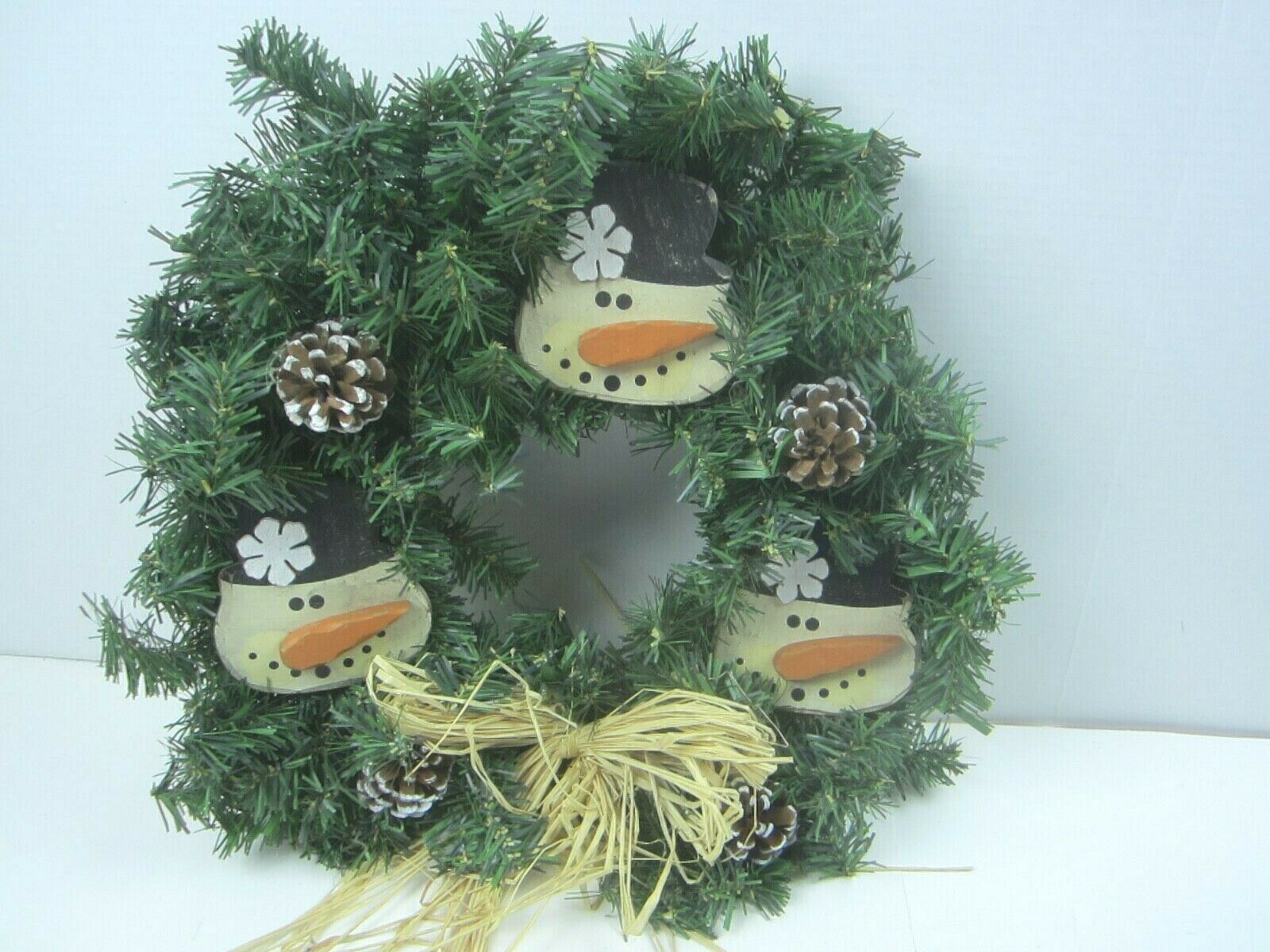 Primary image for Vintage Wooden Snowman and Pine Cone Christmas Wreath 18"