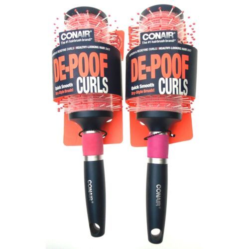 Primary image for Conair De-Poof Curls Set 2 Brushes Black Pink Dry Style Brush Round Quick Smooth