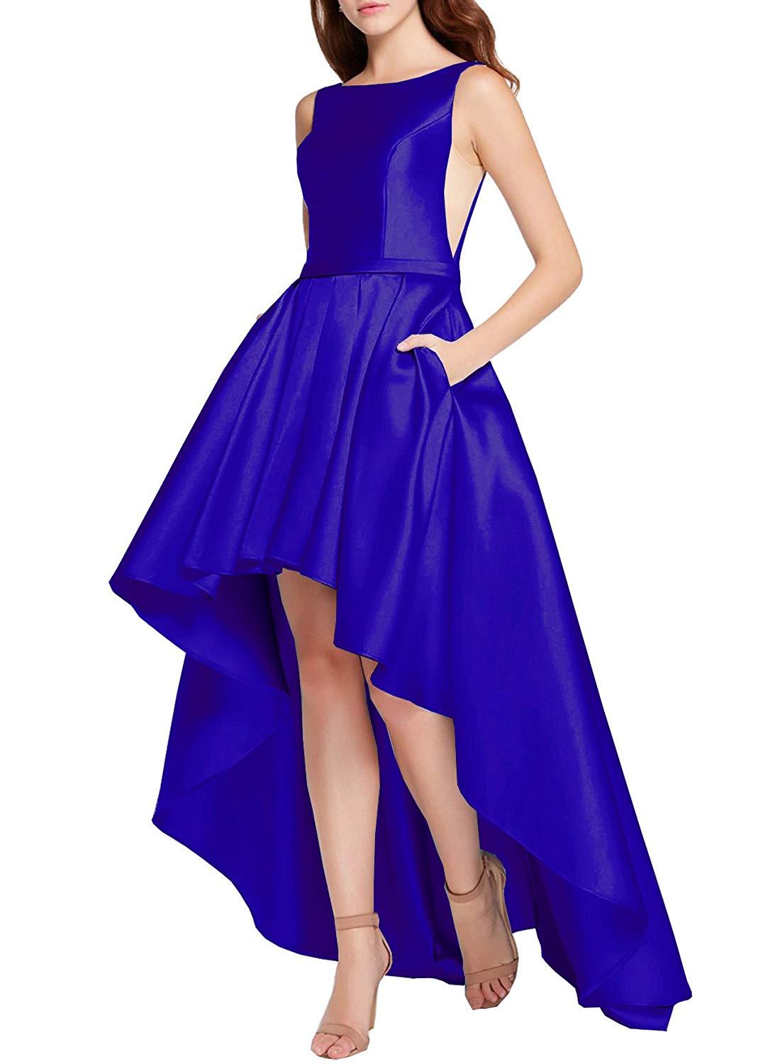 High Low Satin Prom Dresses Long Scoop Neck Formal Homecoming Gown with ...