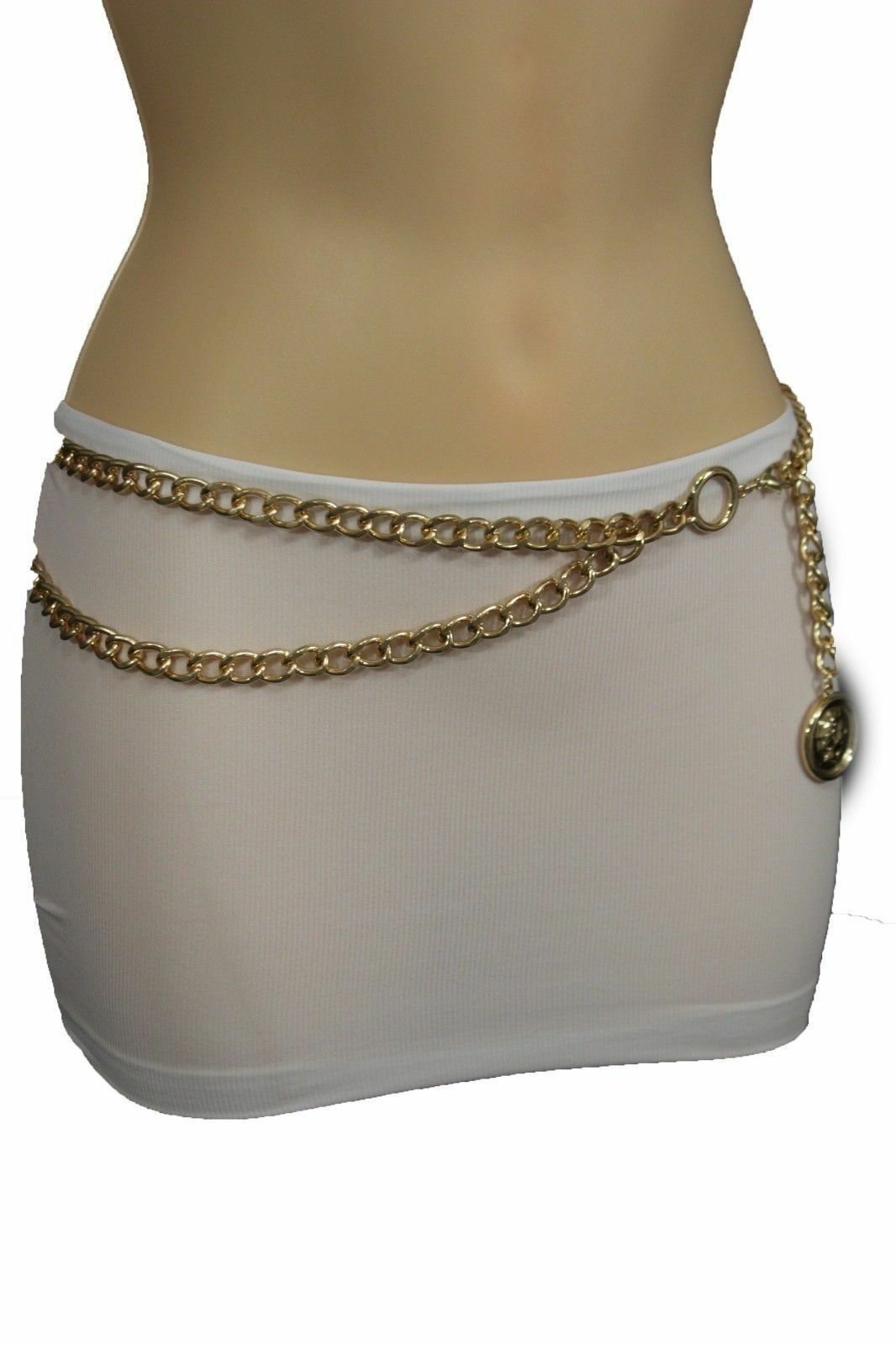 Women Metal Chain Belt High Waist Hip Gold Greek Big Coin Charm Plus Size XL XXL - Belts