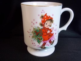 Lefton china hand painted footed coffee mug Holly Girl Christmas 6 oz 447P - $9.73