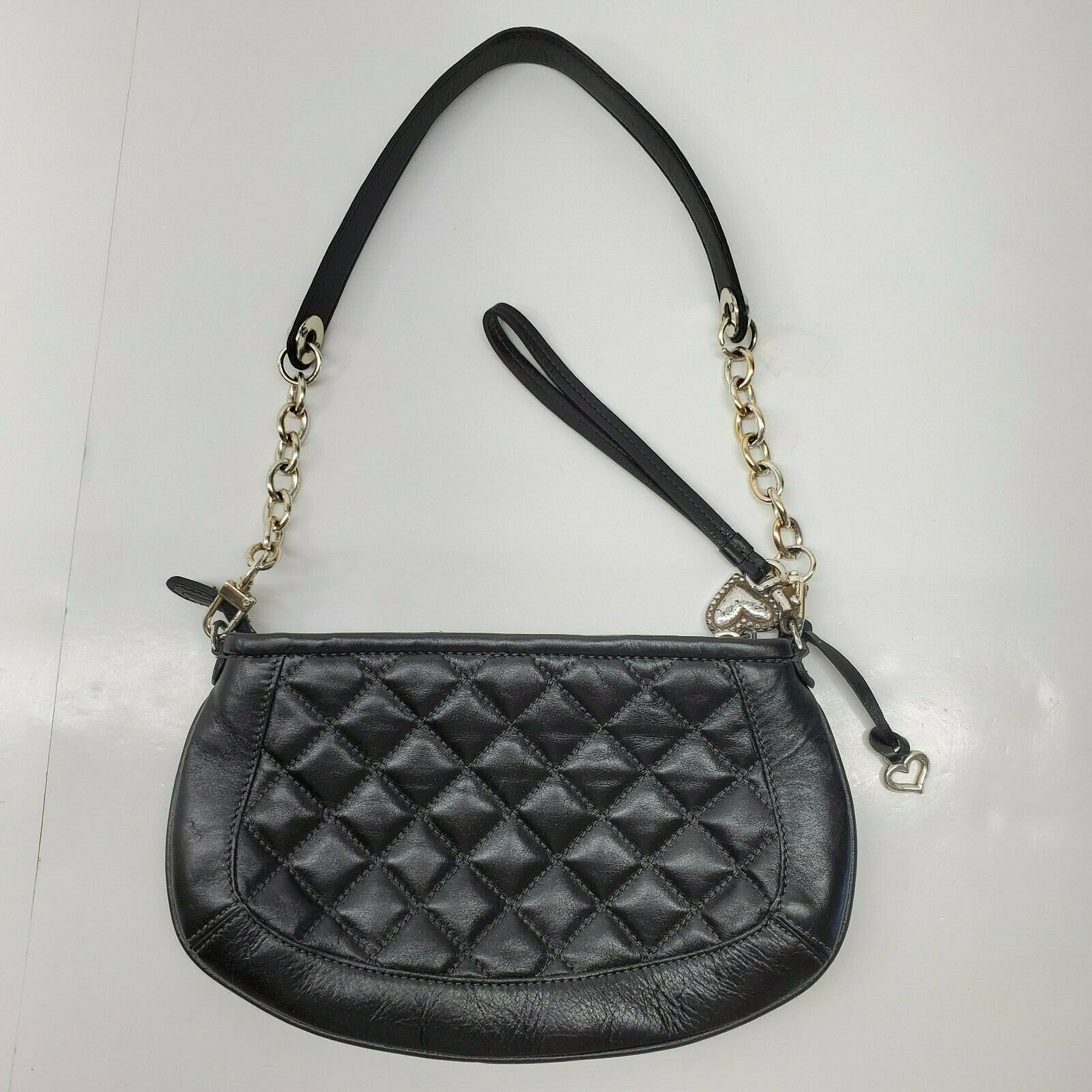 Brighton Black Leather Quilted Purse Heart Small Chain Wristlet ...