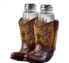 Cowboy Boot Salt & Pepper Holder Set of 2 w Glass Shakers Country Polyresin