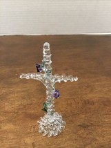 Spun Glass Clear Cross With Green Vine Purple Flowers 4.5” - $19.80
