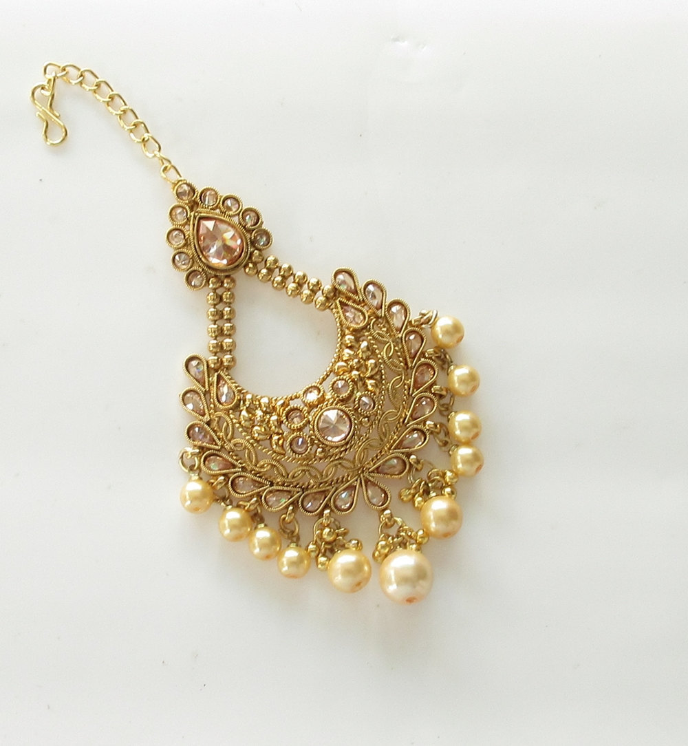 Gold Antique Jhumar Tikka Jewelry/Indian Polki Ethnic Jewelry/Bollywood