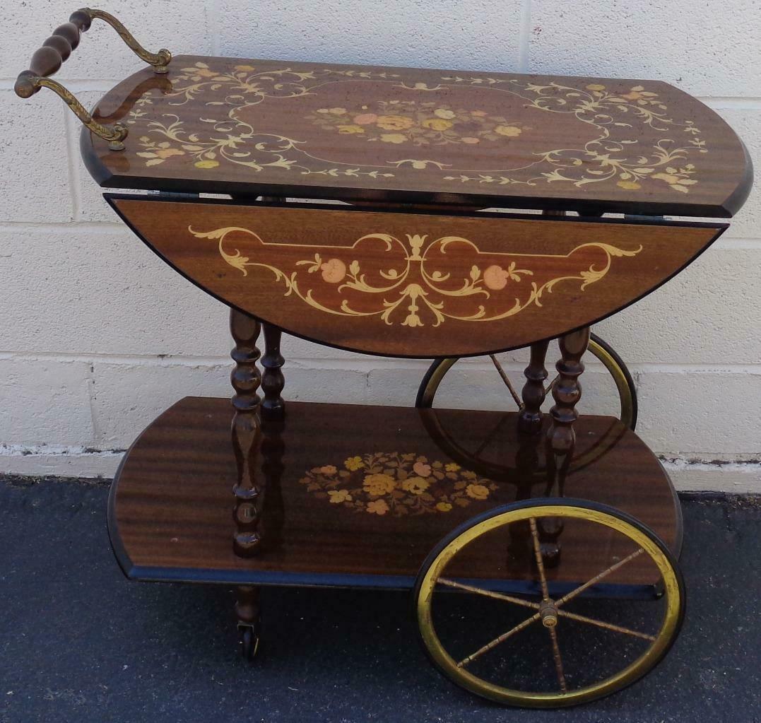Wooden Tea Cart BEAUTIFULLY INLAID MARQUETRY VGC MADE IN