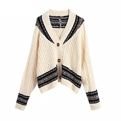Contrast Color Patchwork Jacquard Knitting Sweater Female Chic Long Sleeve Breas