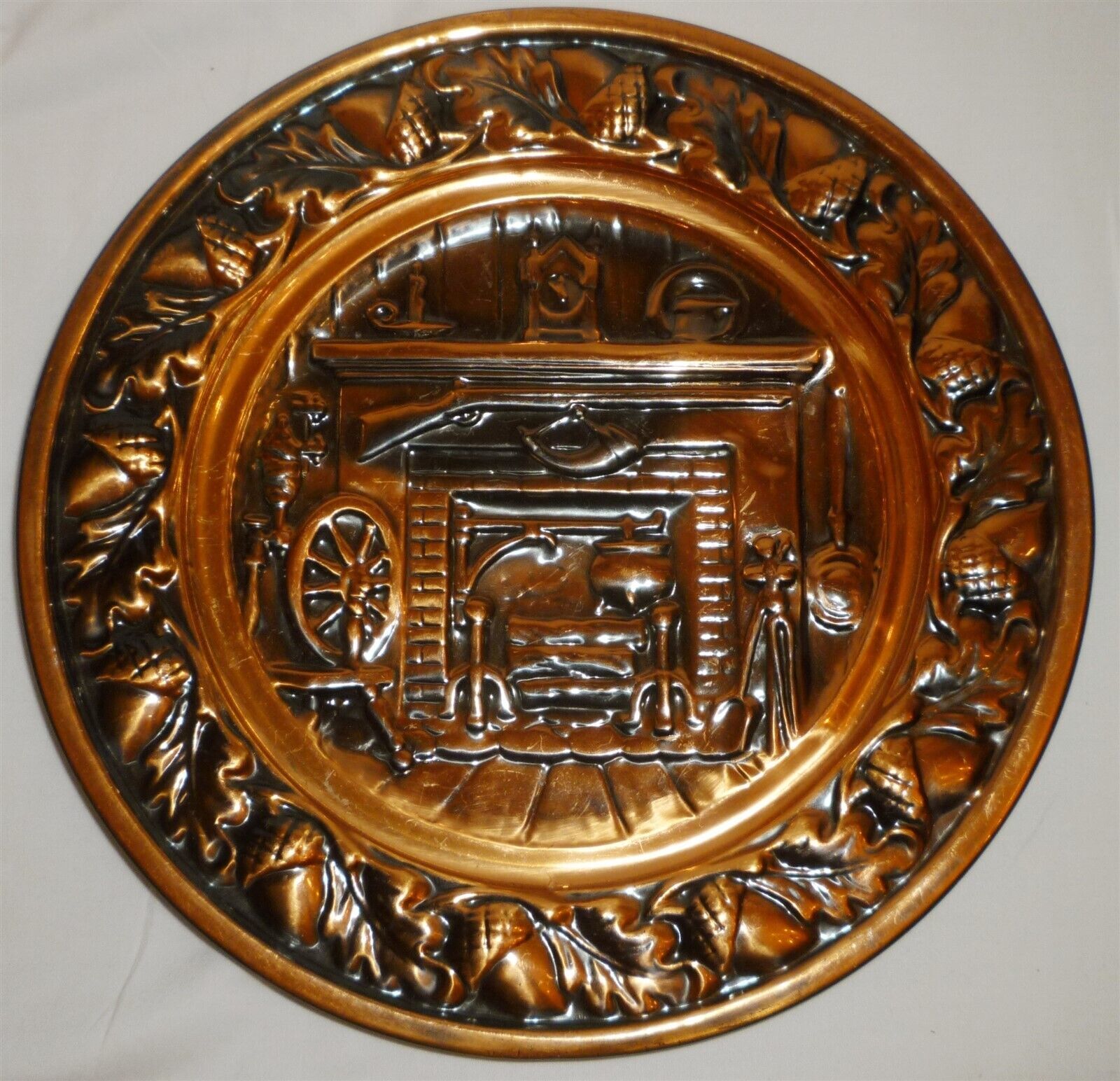 VINTAGE COPPERCRAFT GUILD TAUNTON MA EMBOSSED COPPER PLATE OAK HEARTH