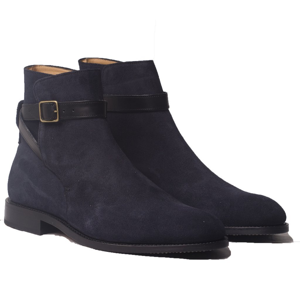Navy Blue High Ankle Plain Toe Rounded Buckle Strap Genuine Suede Leather Boots
