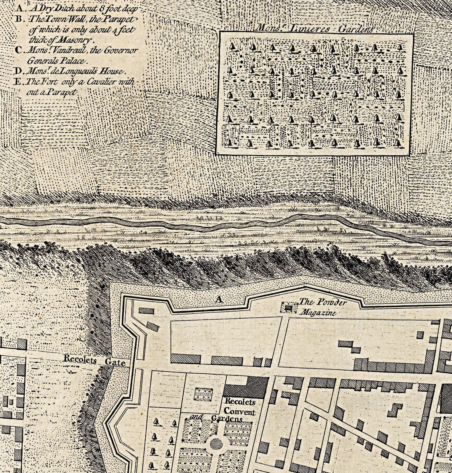 1758 Montreal or Ville Marie Town Map Wall Poster Decor Vintage History