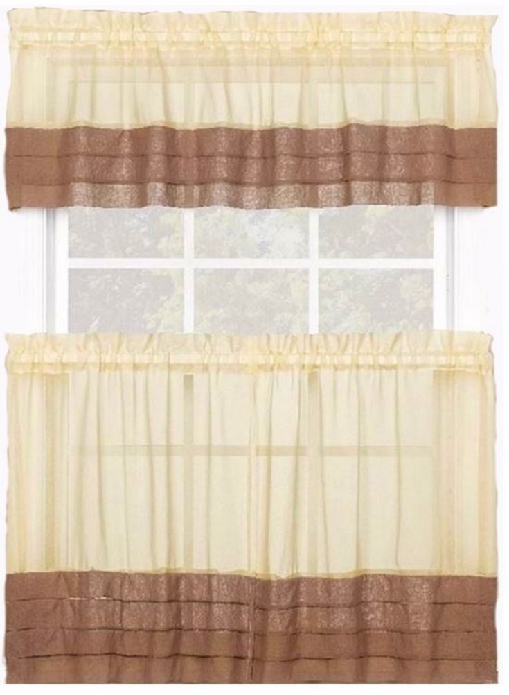 Country Cottage Cream Brown Kitchen Curtain Set 3 PC Curtains & Drapes