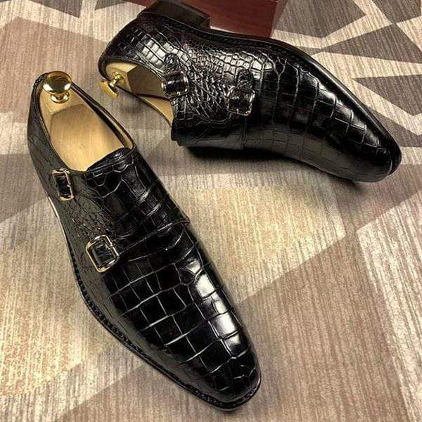 Handmade Men's Black Leather Crocodile Texture Double Monk Strap Dress Shoes