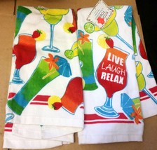 2 Same Printed Kitchen Terry Towels (15"x25") Cocktails, Live Laugh Relax By Am - $11.87