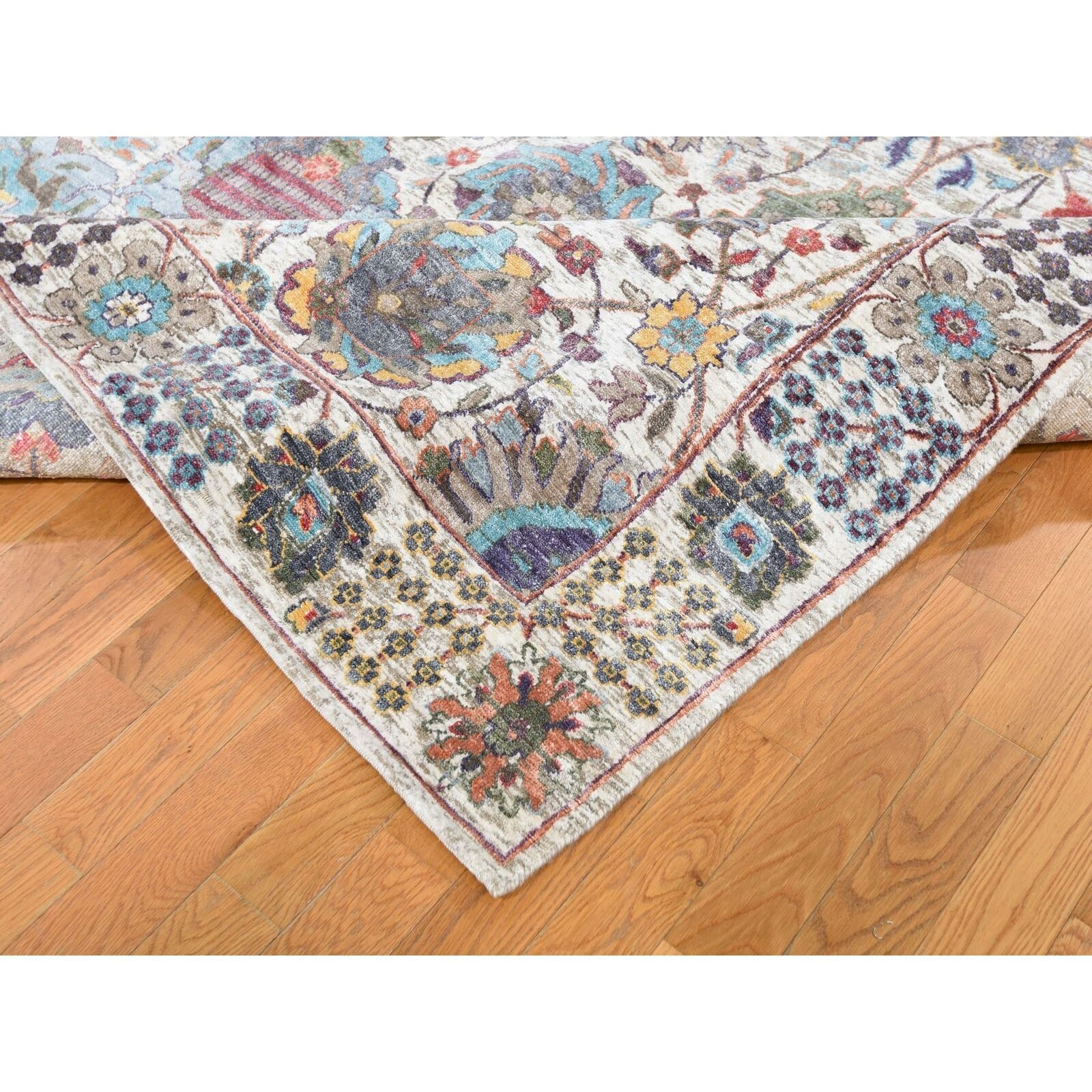 9'x12'1" Ivory Silk With Textured Wool Hand Knotted Oriental Rug G49407