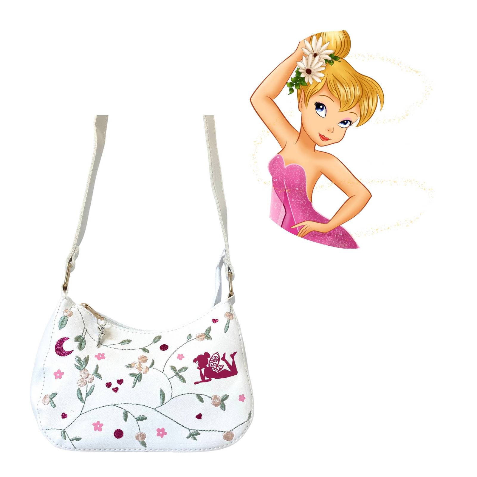 Tinkerbell cartoon inspired purse crossbody Tinker Bell white pink shoulder Bag