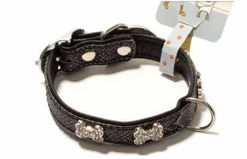 PANDA SUPERSTORE Rhinestone Decorated Bone Style Collar for Dogs BLACK (Fit 21~2