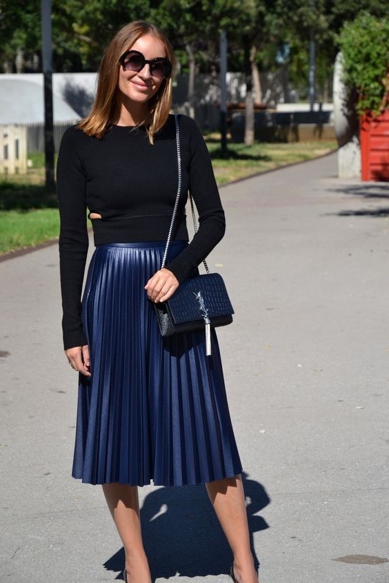 New Navy Blue Faux Leather Pleated Midi Length Women Skirt Skirts 1241