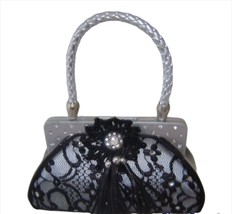 Purse Money Bank Black Lace Handbag 6.3" High Poly Stone Top Slot Bottom Plug