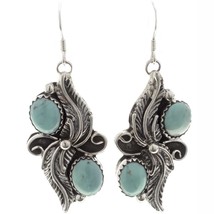 Native American Navajo Turquoise Sterling Silver Feathers Dangle Earrings - $107.91