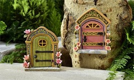Fairy Door Figurine Set of 2 With Cobblestone and Floral Detailing Pixie Tree