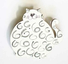 Cute Hand-painted Wood White &amp; Black Curly Cat Brooch 1980s vintage 2 1/2&quot; - $12.95