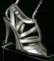 Calvin Klein 'Belle' silver leather textured peep toe t-strap buckle heels 6M  - $19.39