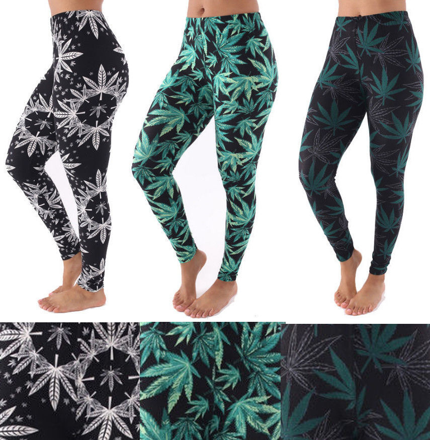 Image of Women Plant Hemp Weeds Marijuana LUCKY Maple Leaf Punk Skinny Stretch Leggings
