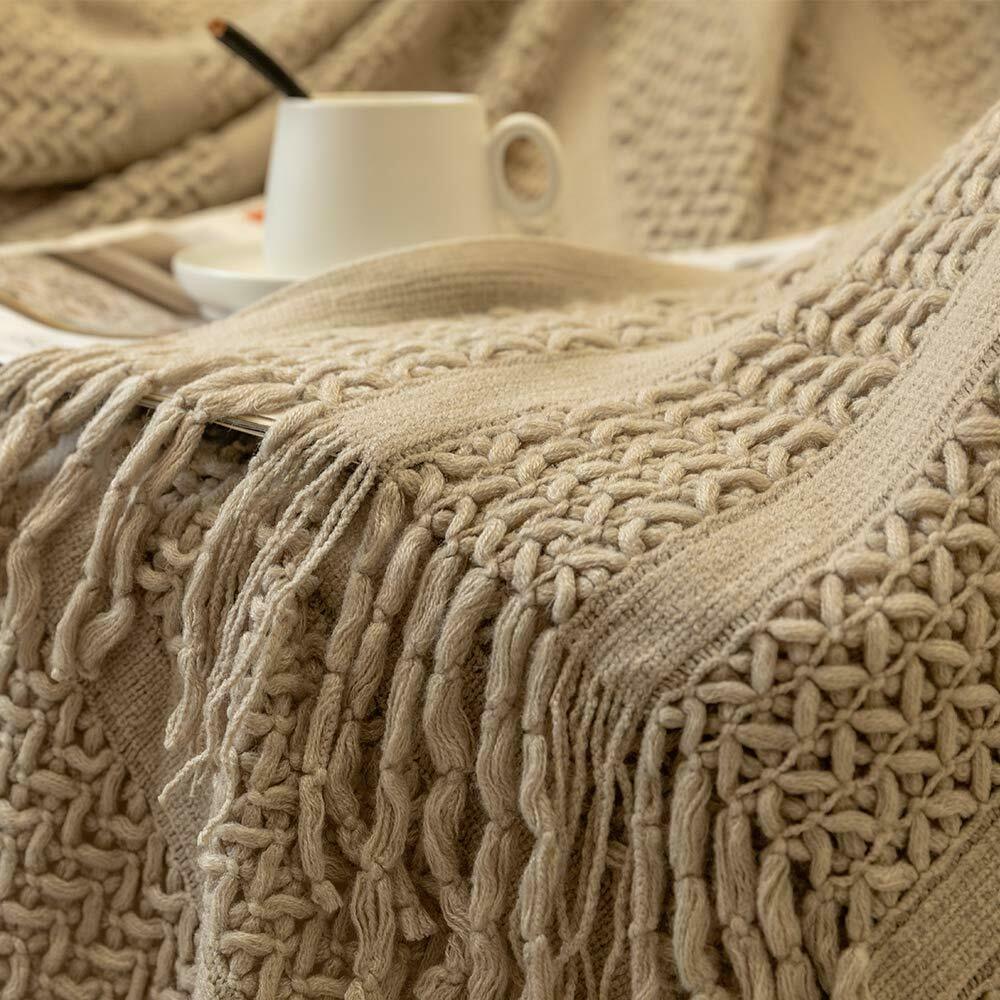 Beige Knit Blanket Chunky Crocheted Soft Tassels Lightweight Warm Cozy Blanket Blankets & Throws