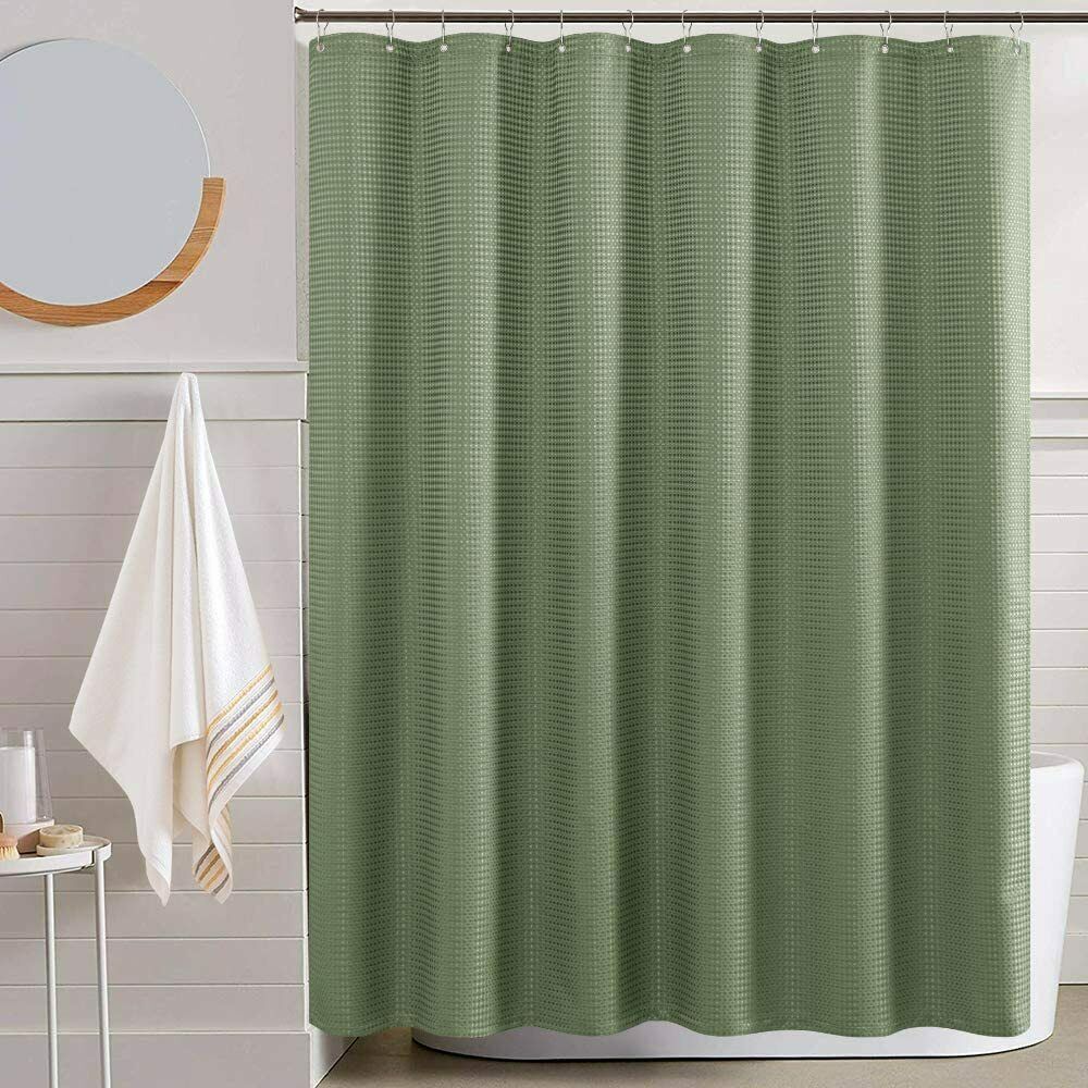 Sage Green Waffle Weave Fabric Shower Curtain Pretty Farmhouse Textured