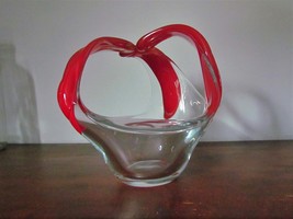 GREAT FORM ART GLASS DISH CLEAR WITH LIPSTICK RED HANDLES - $25.00