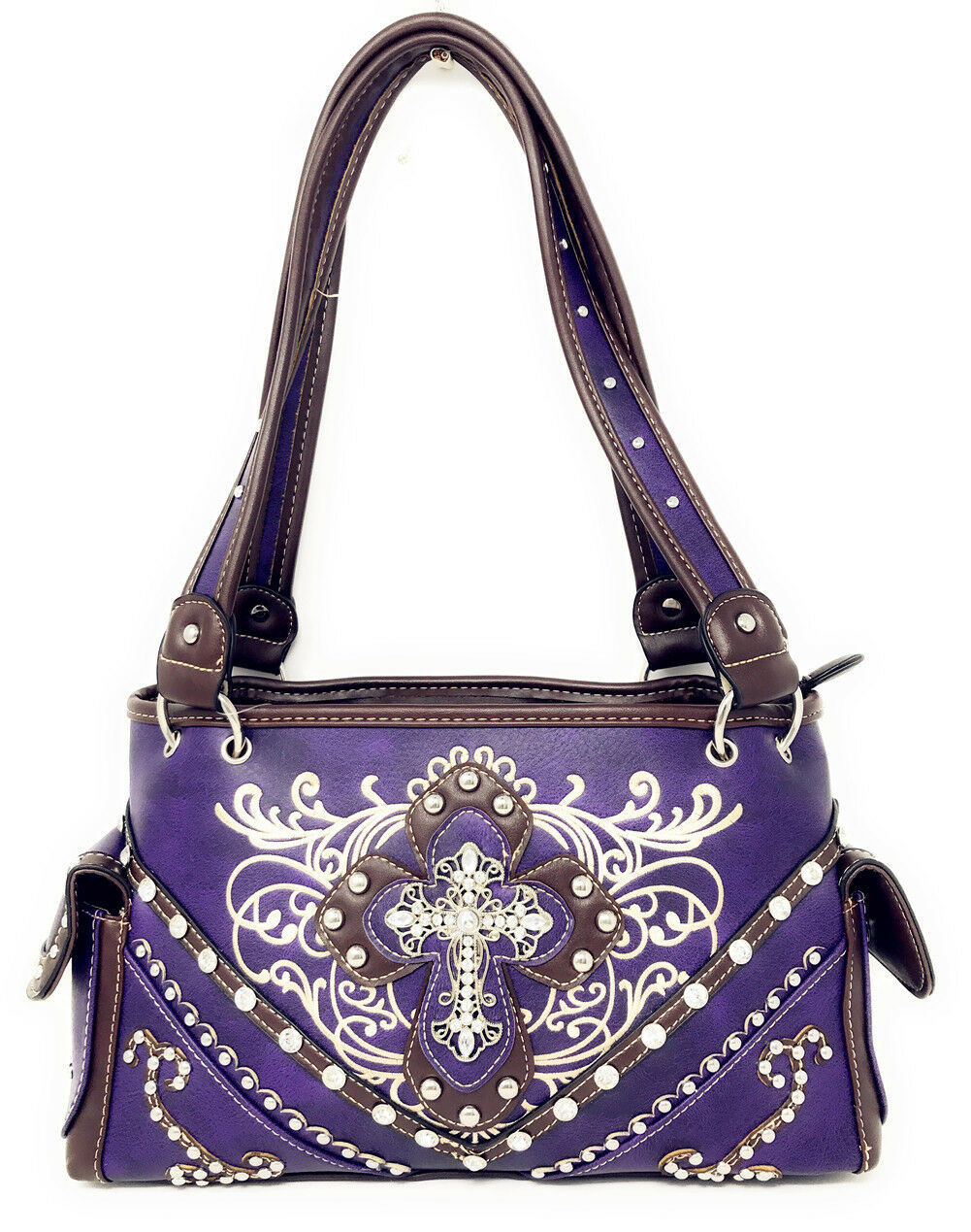 Premium Rhinestone Cross Western Floral Embroidery Concealed Carry Handbag Purse