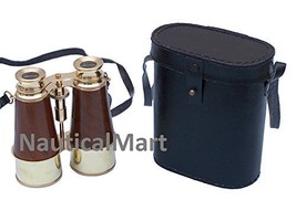 NauticalMart Captain's Brass and Wood Nautical Binoculars with Leather Case 6"