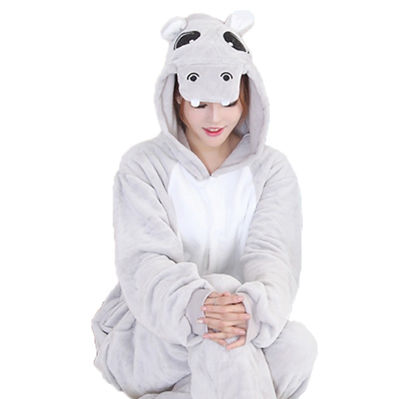 Adults' Kigurumi Pajamas with Slippers Hippo Onesie Pajamas Flannel Fabric Gray