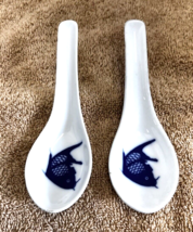 2 Vintage Small Porcelain Chinese Soup Spoons Koi Fish Design Stunning - $24.26