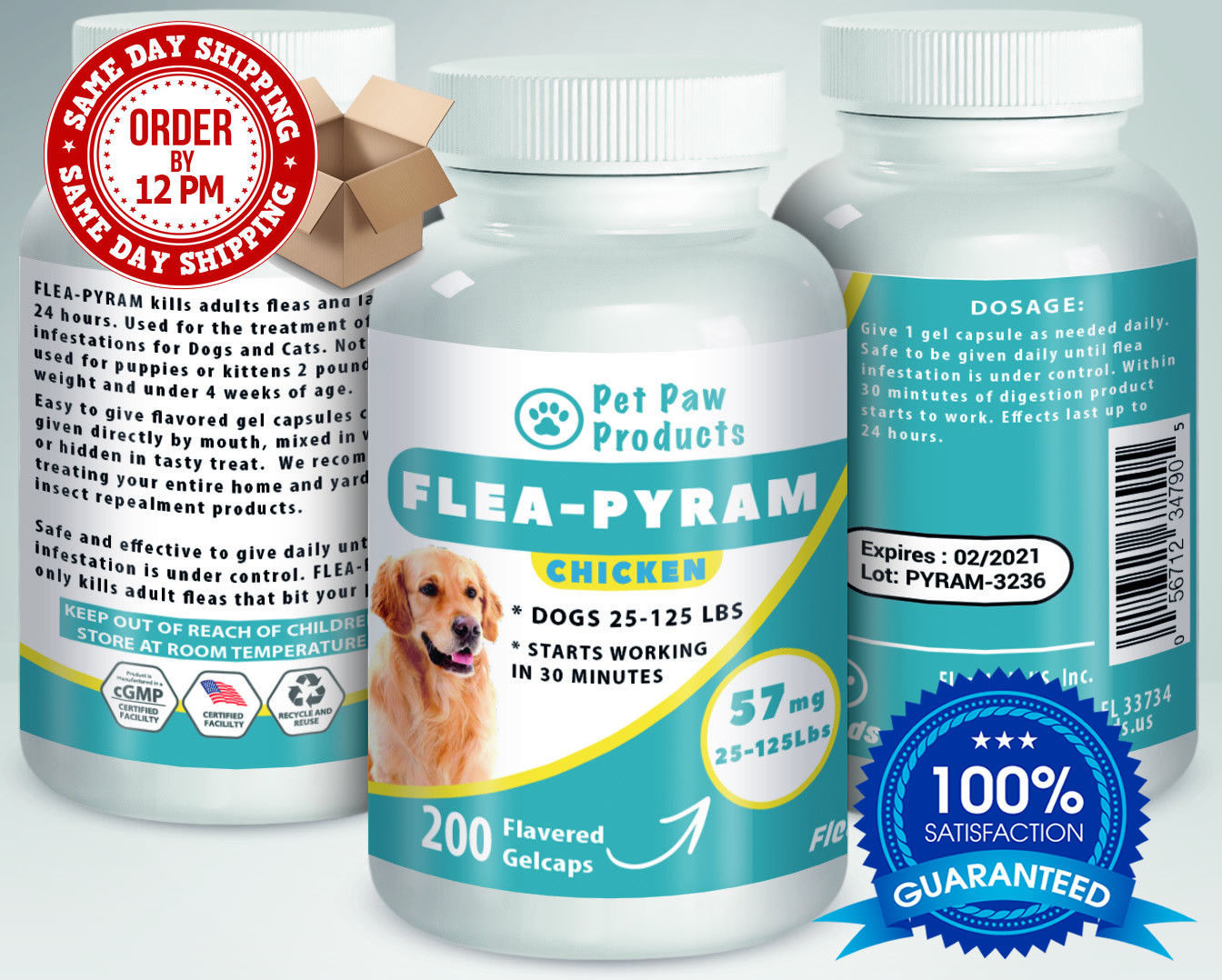 200 CAPSULES Flea Killer For DOGS 25125Lbs 57Mg CHICKEN Flavored SAME