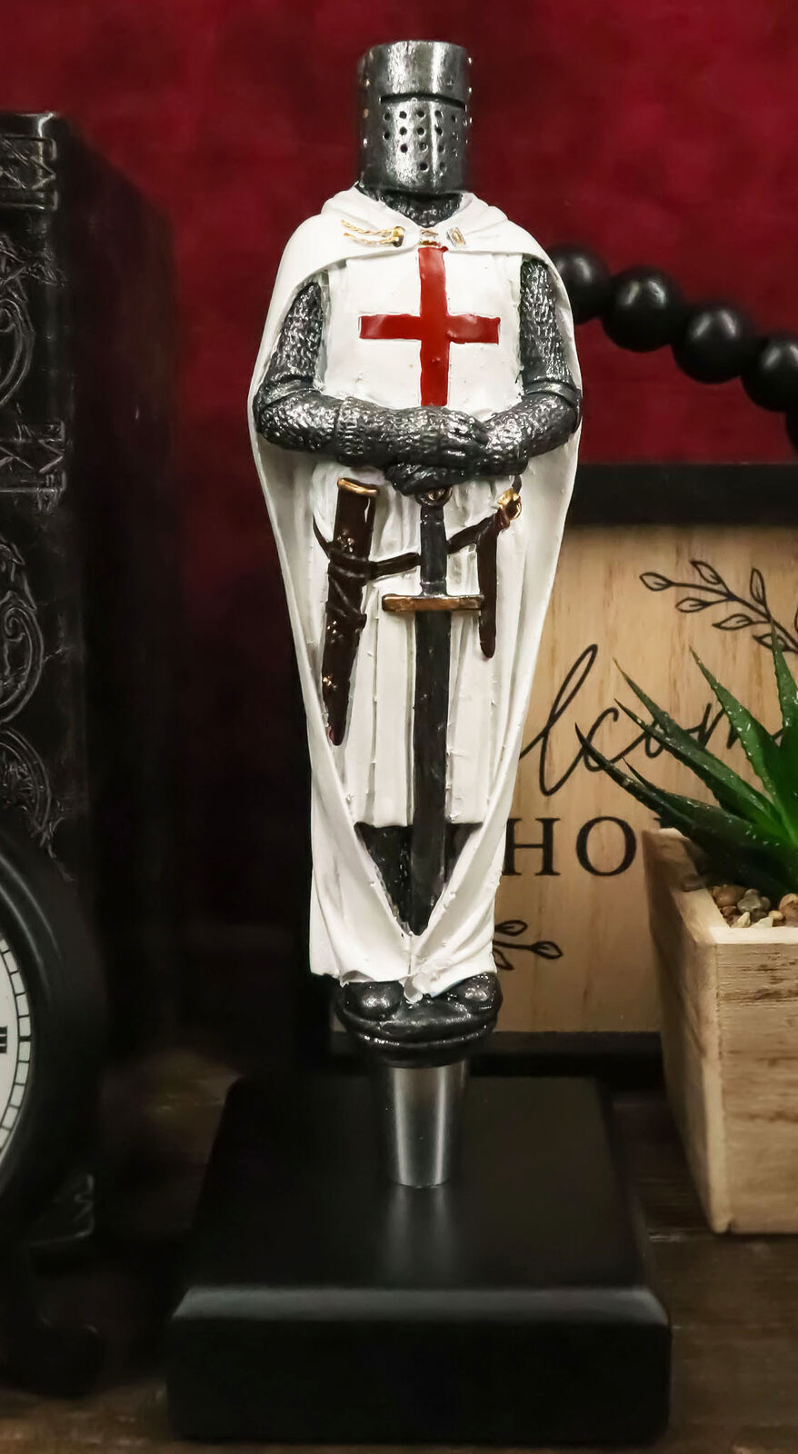 White Cloak Medieval Crusader Knight Swordsman Novelty Beer Tap Handle Figurine