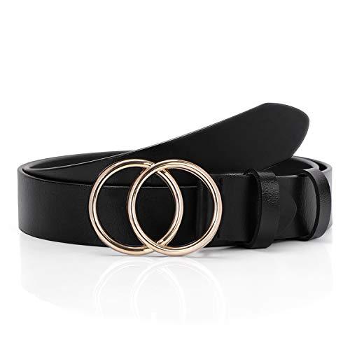 Black Women Leather Belt with Gold Double Ring Buckle,SUOSDEY Fashion Belts for - Belts