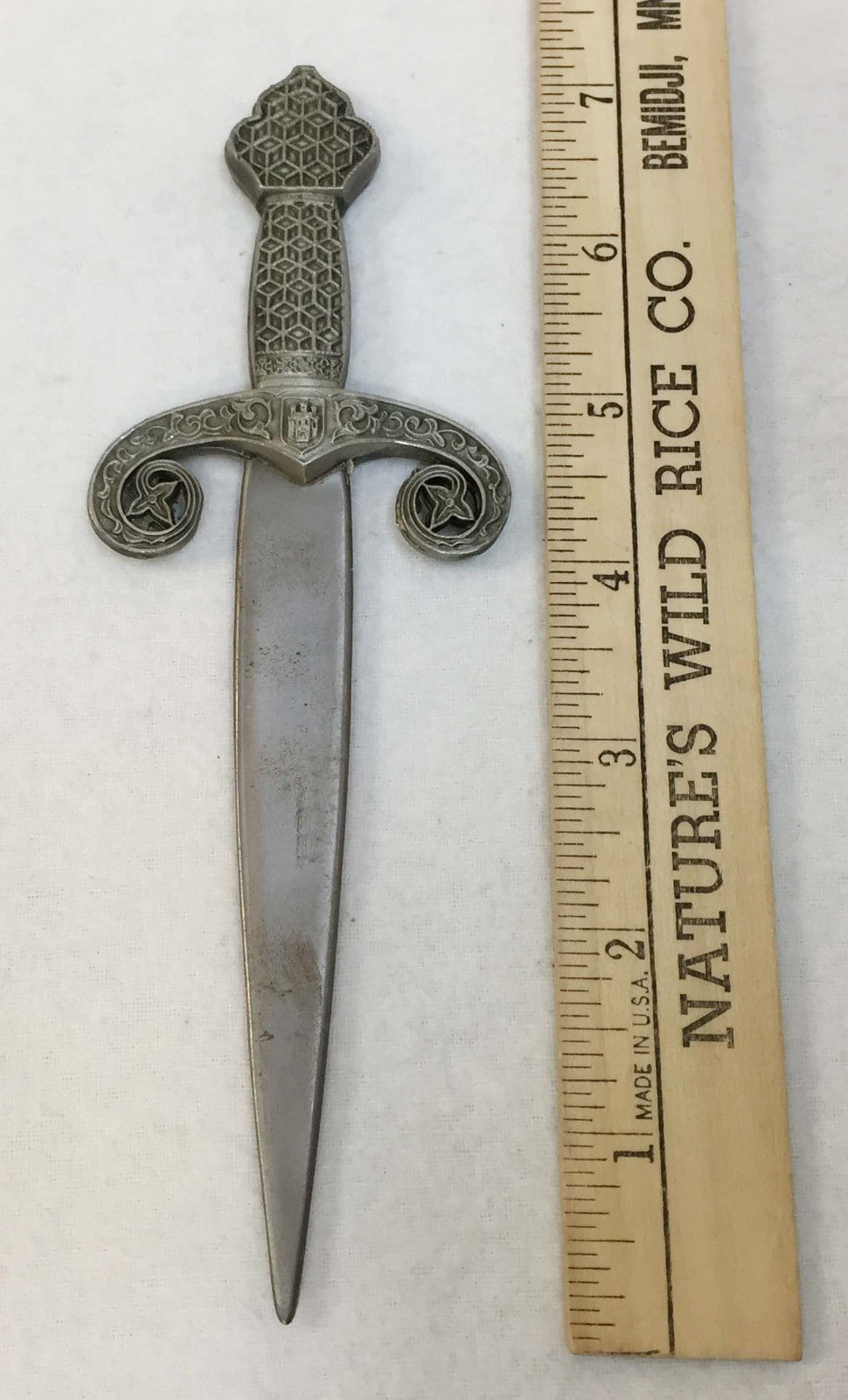 Pewter Sword Shaped Letter Opener Dagger Style w/ Lion & Castle Crest
